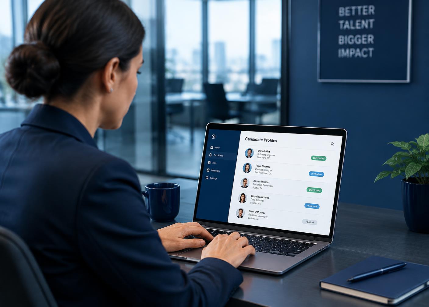 Hiring manager reviewing candidate profiles on a laptop